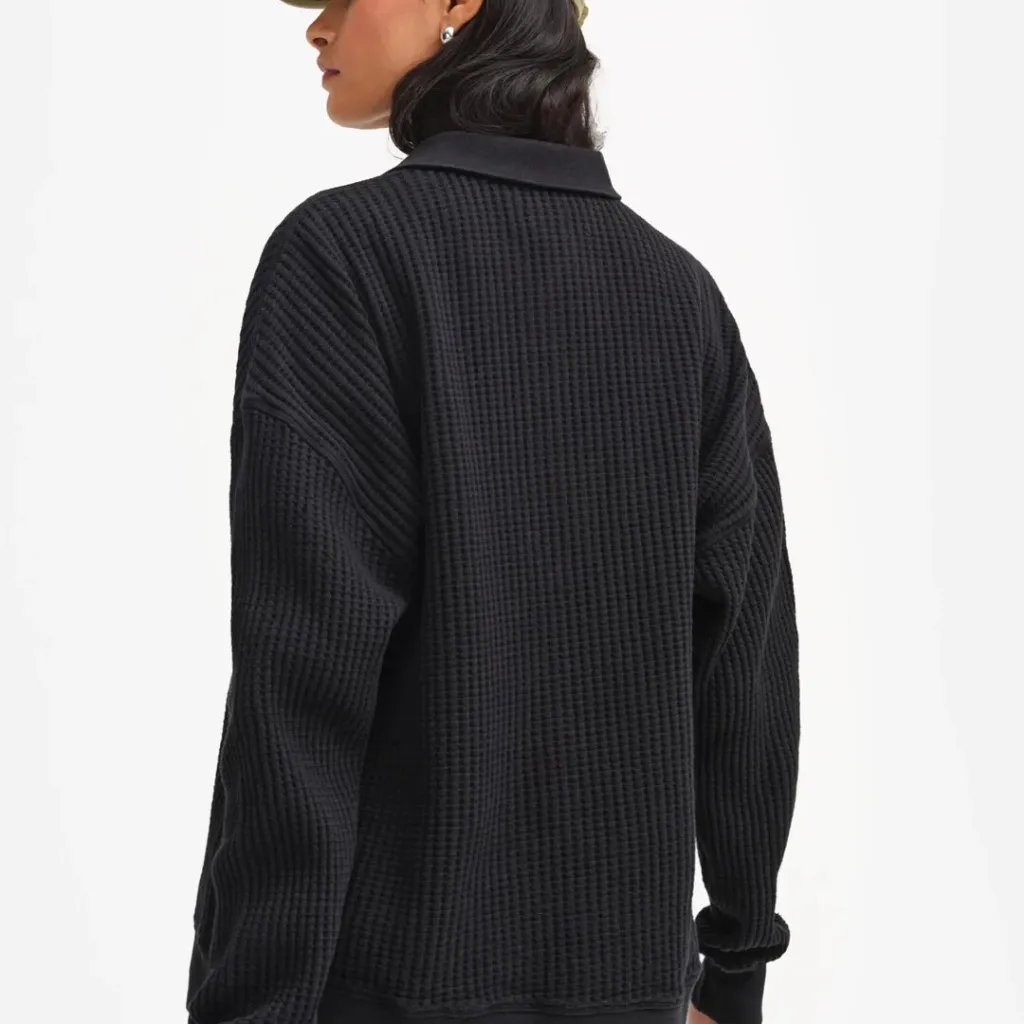 Mate the Label Organic Waffle Collared Half-Zip Sweatshirt in Jet Black, Size XS - Image 4