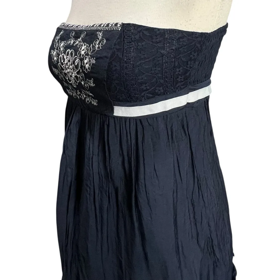 Agaci Mini Dress L Blue Strapless Lace Mesh Embroidered Smocked Y2K Boho Chic - Image 4