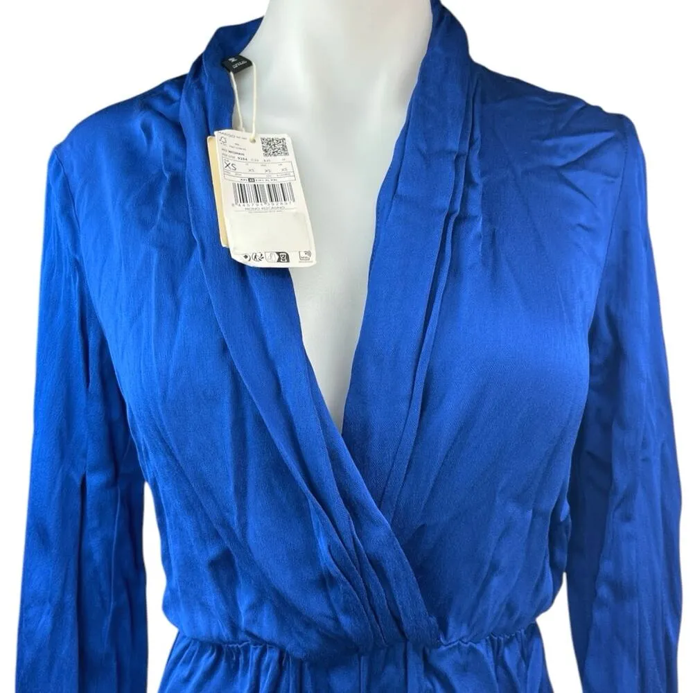 NEW MNG Blue Silky Satin V-neck Faux Wrap Long Sleeve Romper Jumpsuit Size XS - Image 6