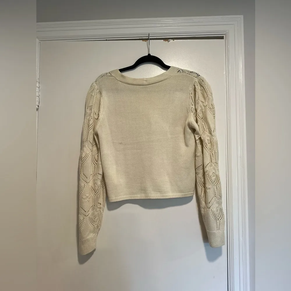 Blue Steel Medium Cream Open Knit Button cardigan w/ Orange Embroidered Hearts. - Image 2