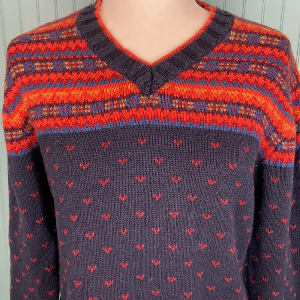 Vintage Paris Sport Club Fair Isle Teal Knit Cropped V Neck Sweater Size Large - Image 3