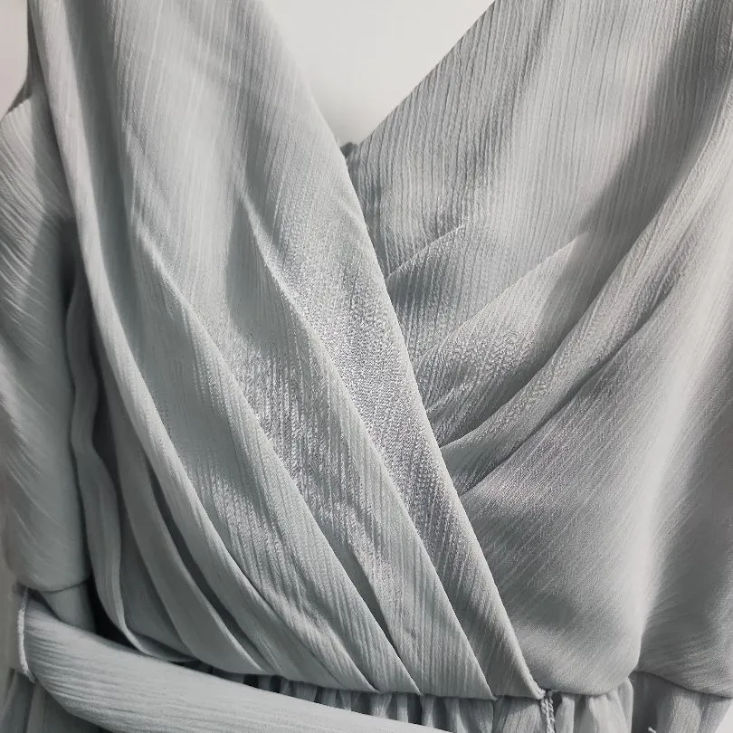 David's Bridal Womens Dress Size 10 Light Grey Wrap Ruffle Hem‎ Tie Waist - Image 3