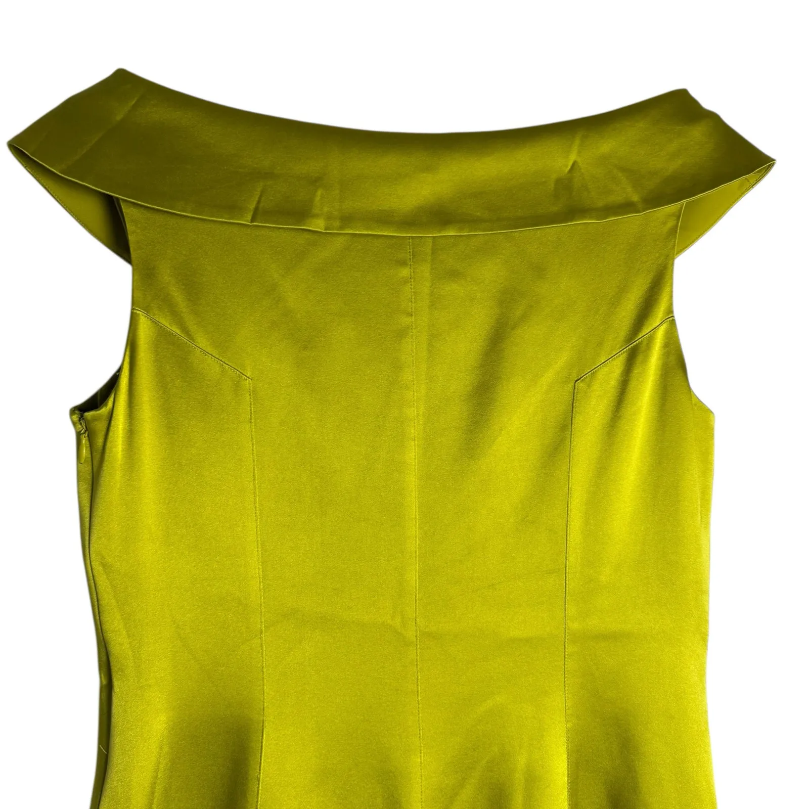 Karen Millen Chartreuse Lime Godet Hem Off the Shoulder Silk Mini Cocktail Dress - Image 6