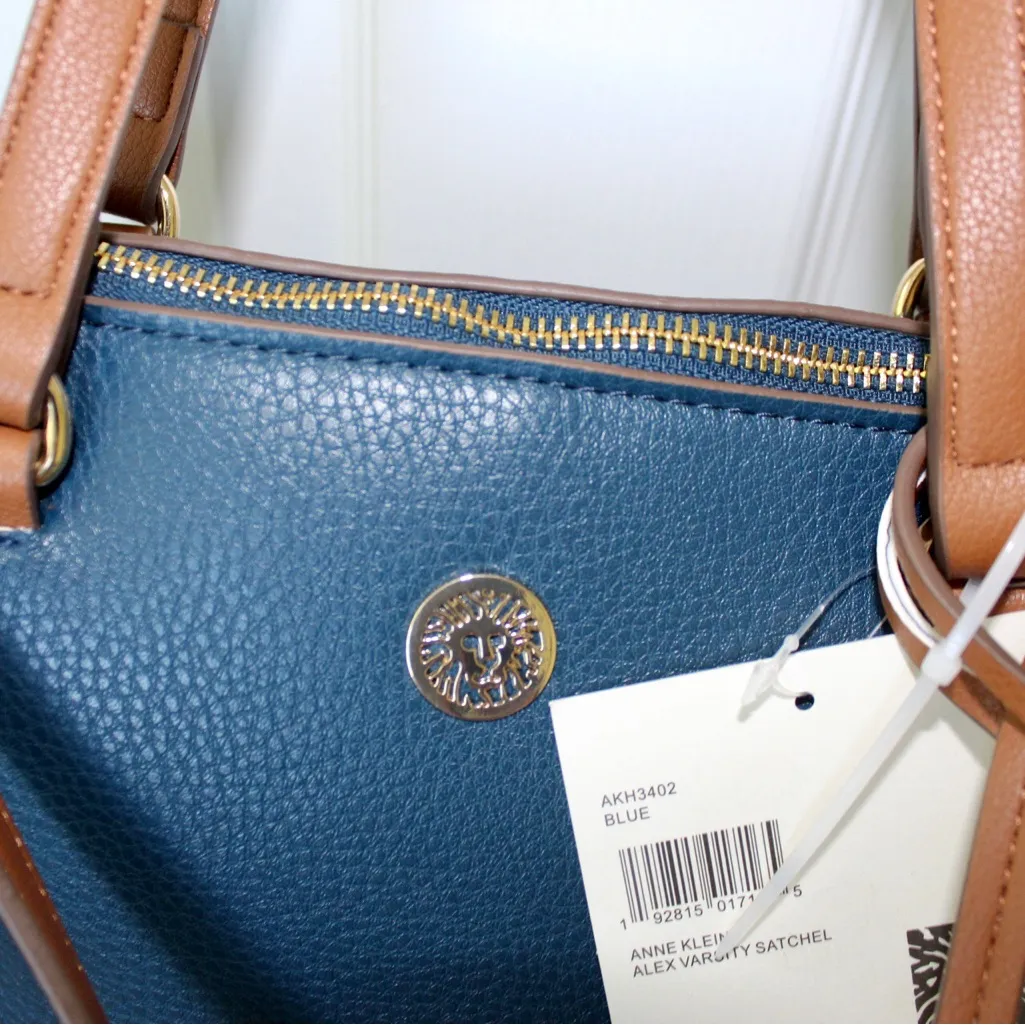 Anne Klein Navy/Brown Alex Varsity Satchel Purse w/ID holder and Crossbody Strap - Image 6