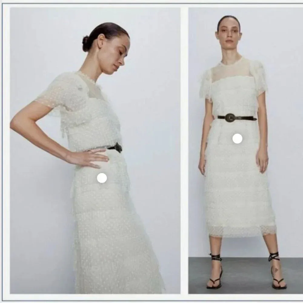 Zara ruffled tulle dress midi size sheer cream polka dot‎ S - Image 12