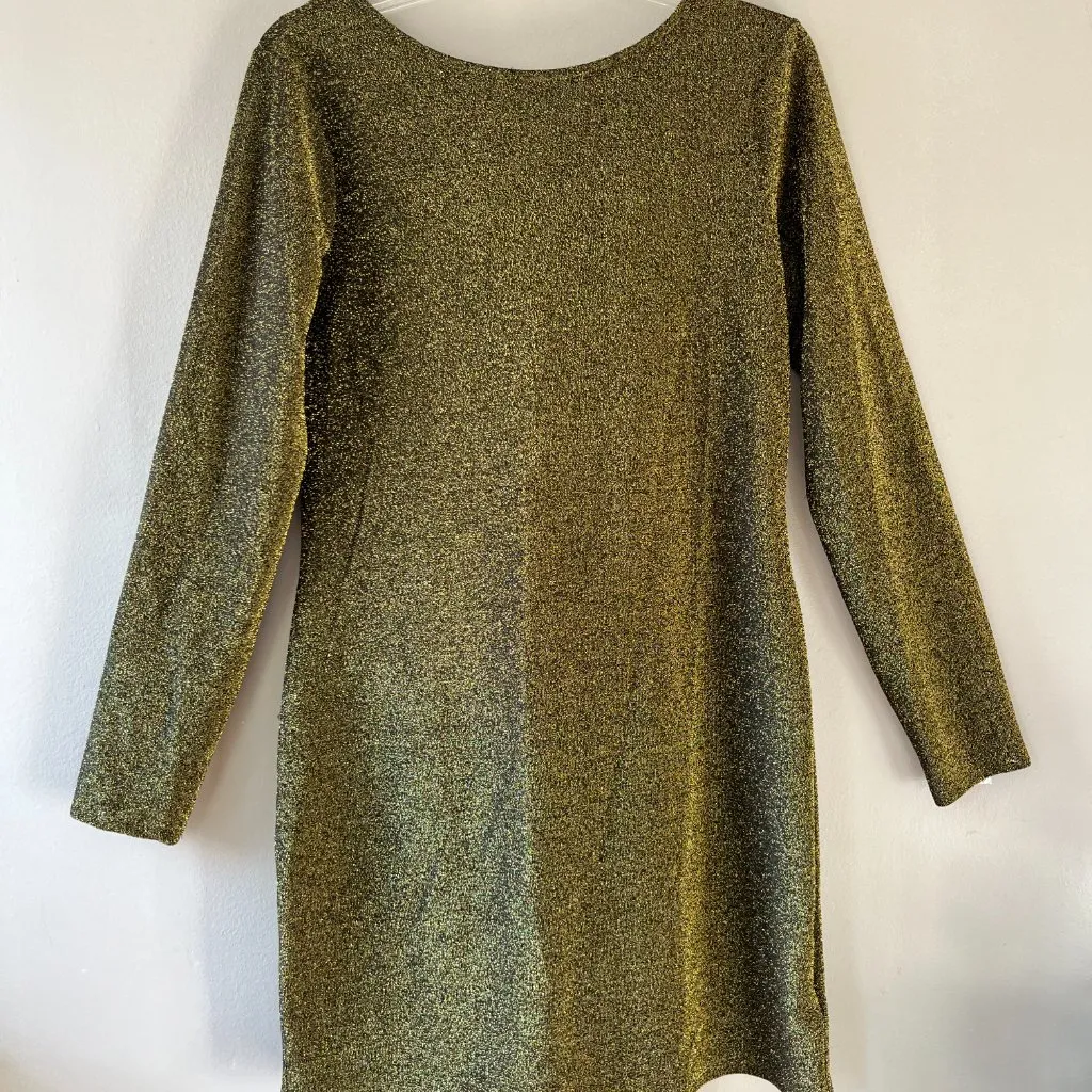 Michael Kors Sz M Black Gold Metallic Stretch Midi Dress Back Chain Long Sleeve - Image 3