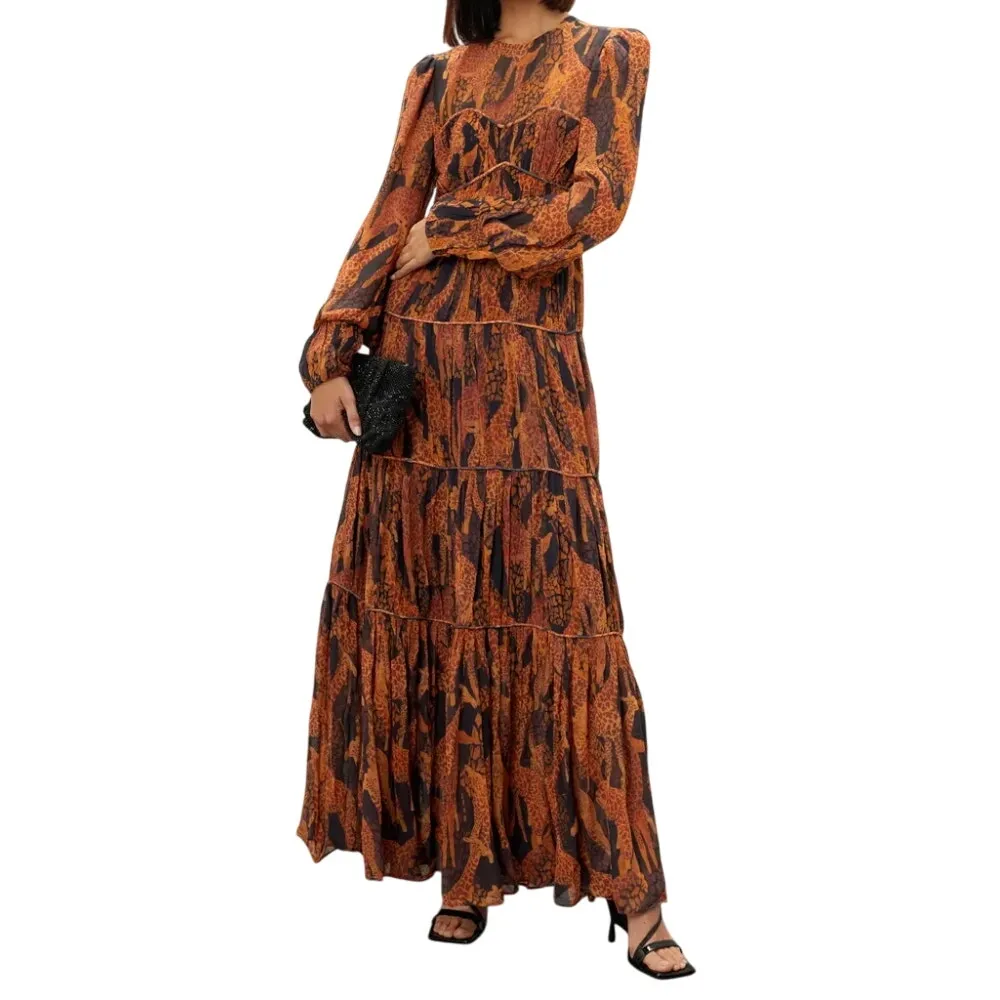 FARM Rio Giraffes Puff Sleeve Maxi Dress in Brown Multi, Size XS - Image 2