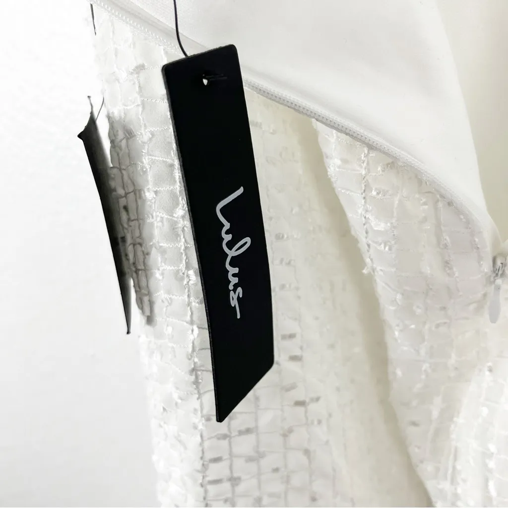 LULUS Sincere Sweetness White Textured Open Back Front Slit Midi Dress Medium - Image 3