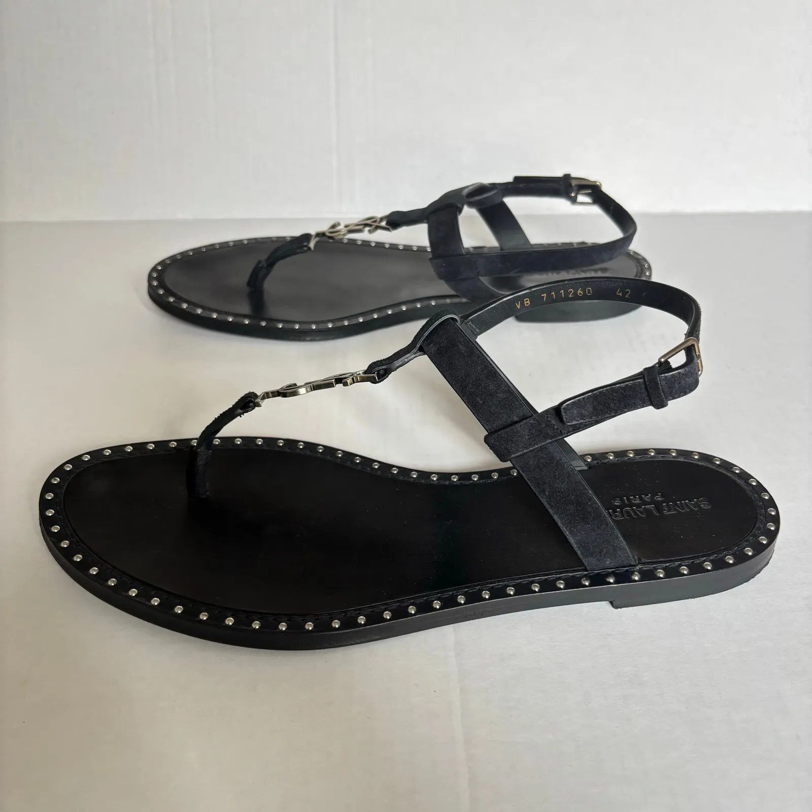Saint Laurent Cassandra YSL Studded T-Strap Leather Flat Sandals Black Size 42 - Image 6