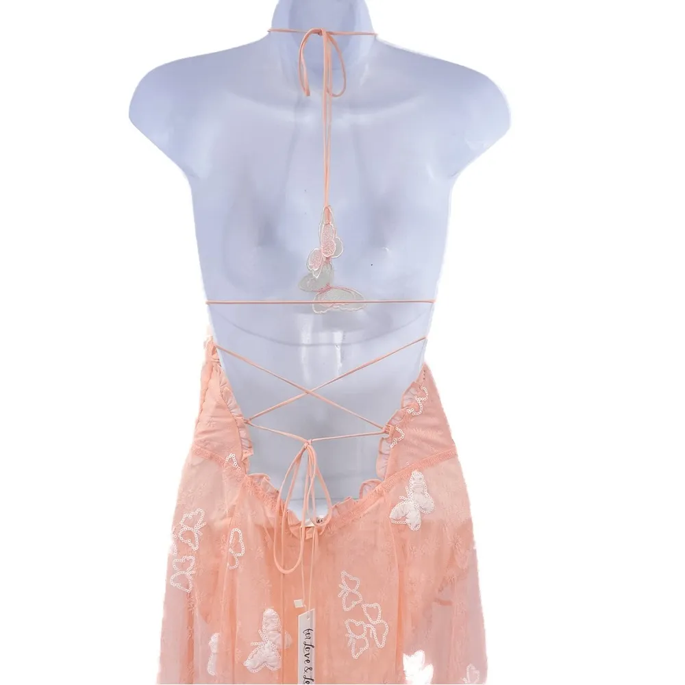 For Love & Lemons Beckett Lace Sheer Butterfly Sequin Bodysuit Maxi Dress Pink - Image 10
