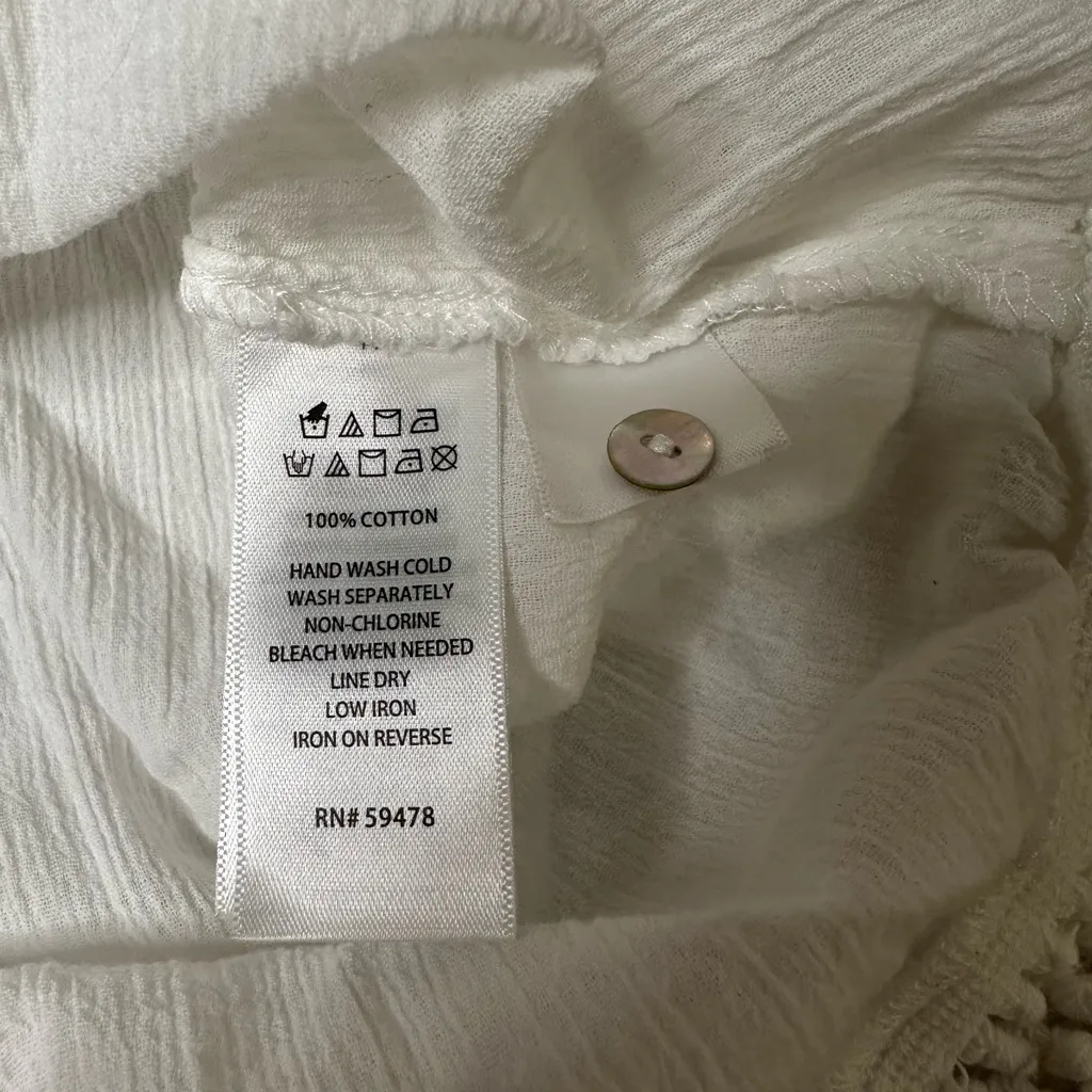 Antibes Blanc Sheer Fringe Hem Button Down Collared Top in White Size Small - Image 10