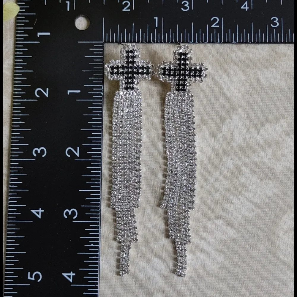Silver Crystal Rhinestone Cross Tassel Earrings - Image 5