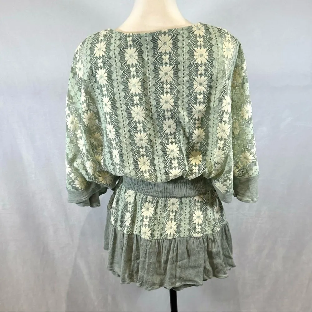 Petal Dew Boutique sage green and ivory lace over mini dress romper size small - Image 6