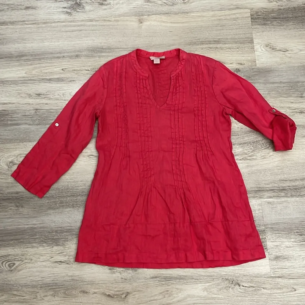 Pink 100% Linen Cuff Up Sleeves V-Neck Blouse Size Small - Image 5