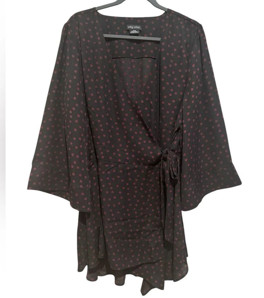CITY CHIC POLKA DOT BLACK BURGUNDY KIMONO SLEEVE CRISS CROSS TUNIC TOP 18 - Image 4