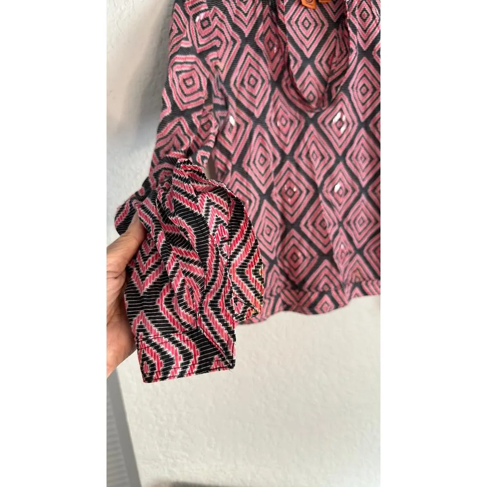 Tory Burch Pink Blue Diamond Shimmer Top Long Sleeve Blouse Geo 70s Disco Party - Image 7