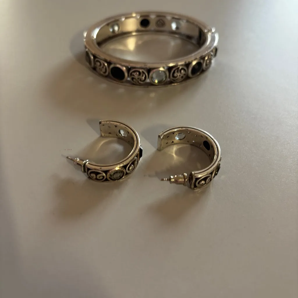 BRIGHTON Vintage Hinged Silver Bangle Matching Rhinestone Earring Set Art Deco - Image 4