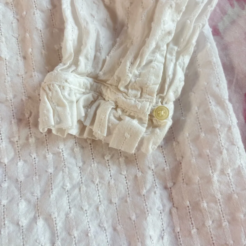 Loft white cotton button up puff sleeve ruffle blouse - Image 4