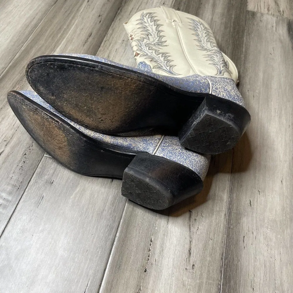 Tony Lama Speckled Heeled Leather Boots Women's Blue Cream Size 7.5 B - Image 4