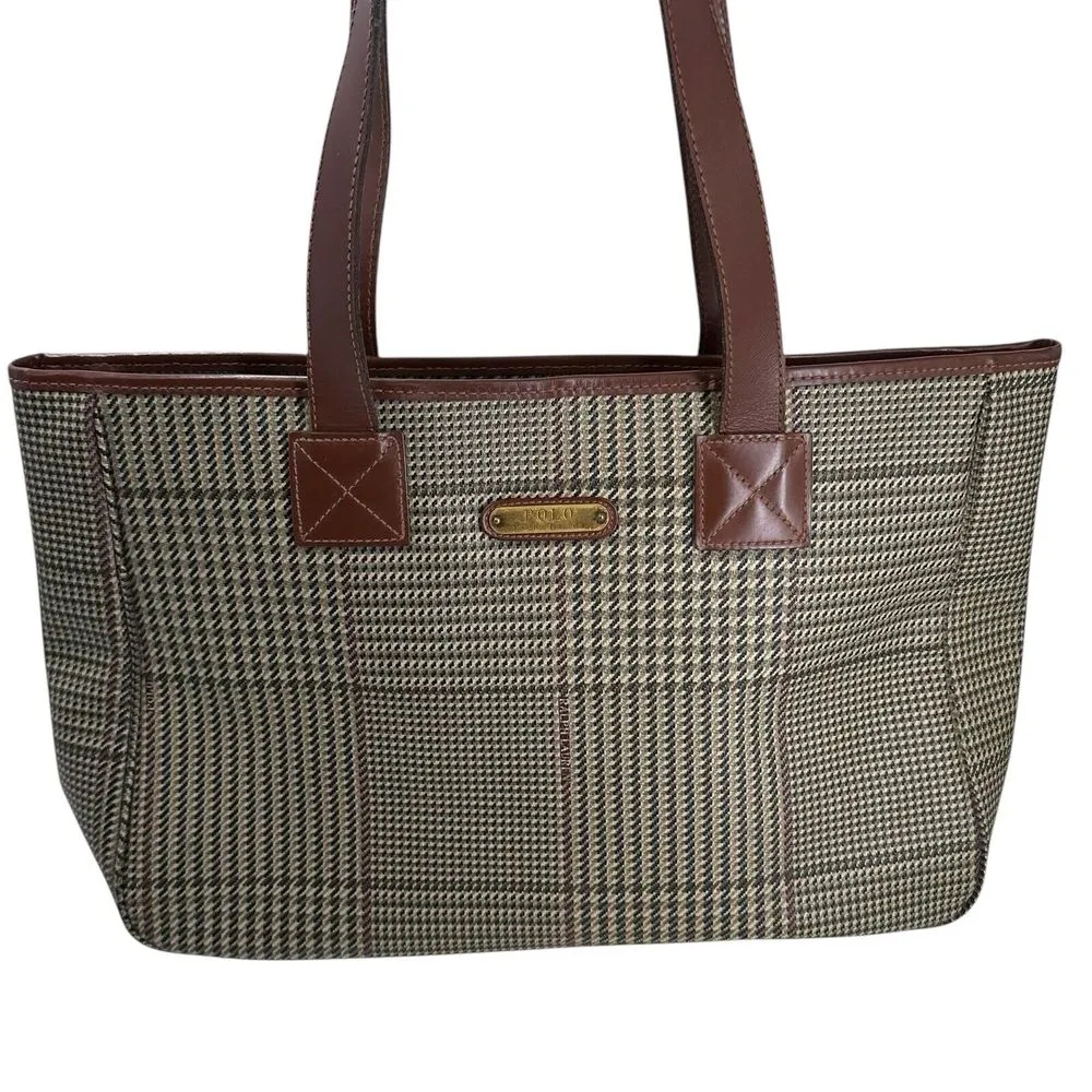 Vintage 1980s‎ Polo Ralph Lauren Glen Plaid Shoulder Overnight Zip Tote Handbag - Image 2