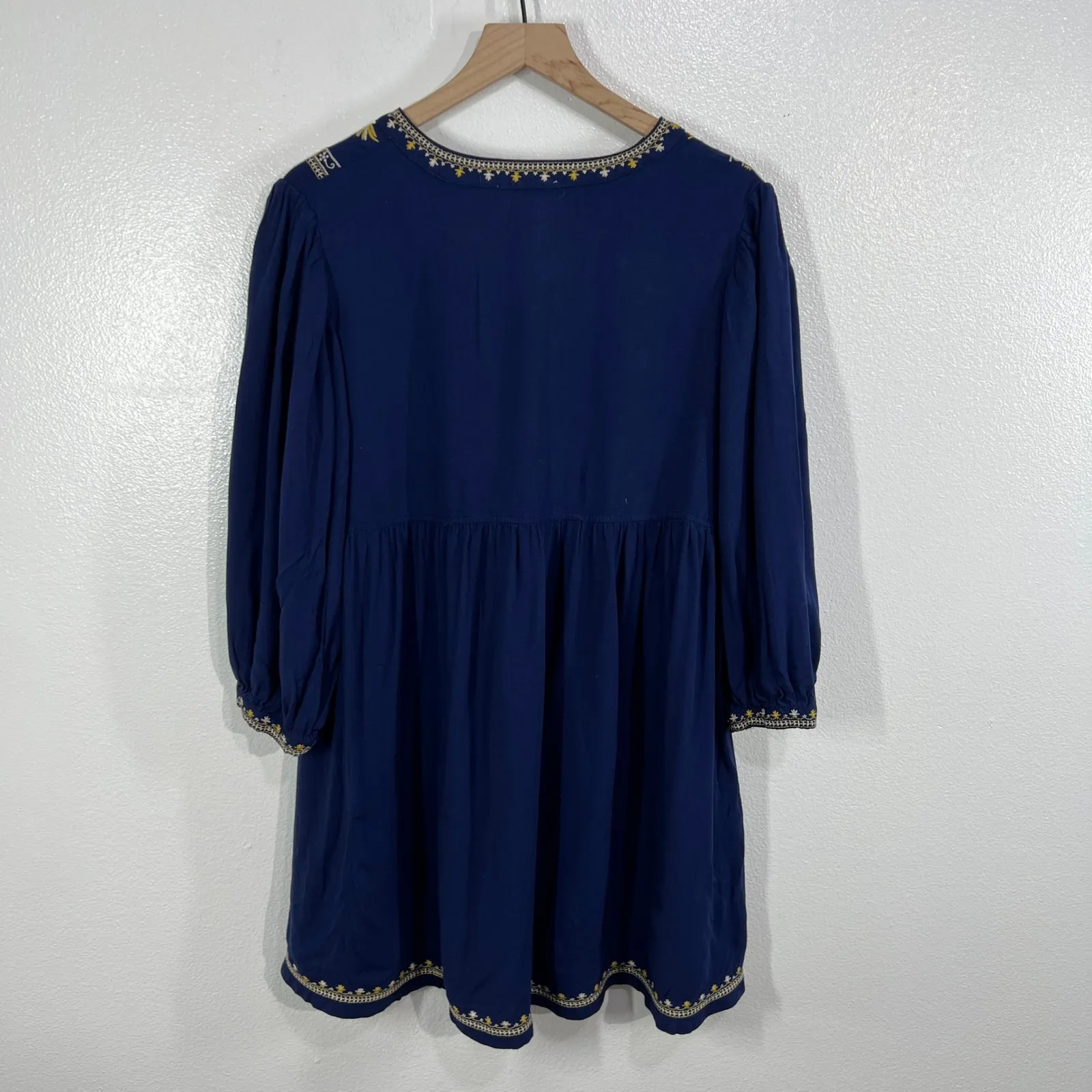 Solitaire Medium Blue Embroidered Rayon Peasant Dress Bohemian Festival‎ - Image 3