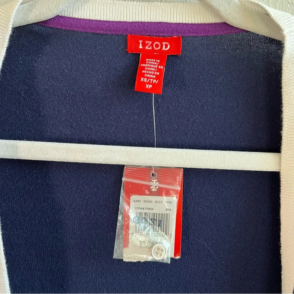 IZOD Cardigan Colorblock Knit V Neck Sweater Navy Blue Purple White Sz XS NWT - Image 4