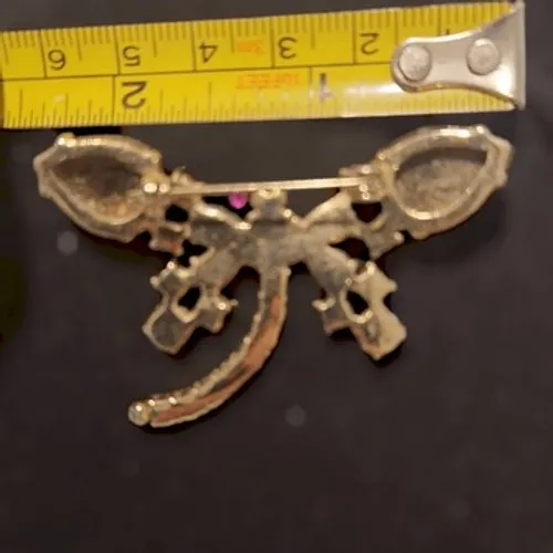 80s Vintage Womens Chunky Pink Gold Toned Amber Rhinestone Dragonfly Brooch Pin - Image 4