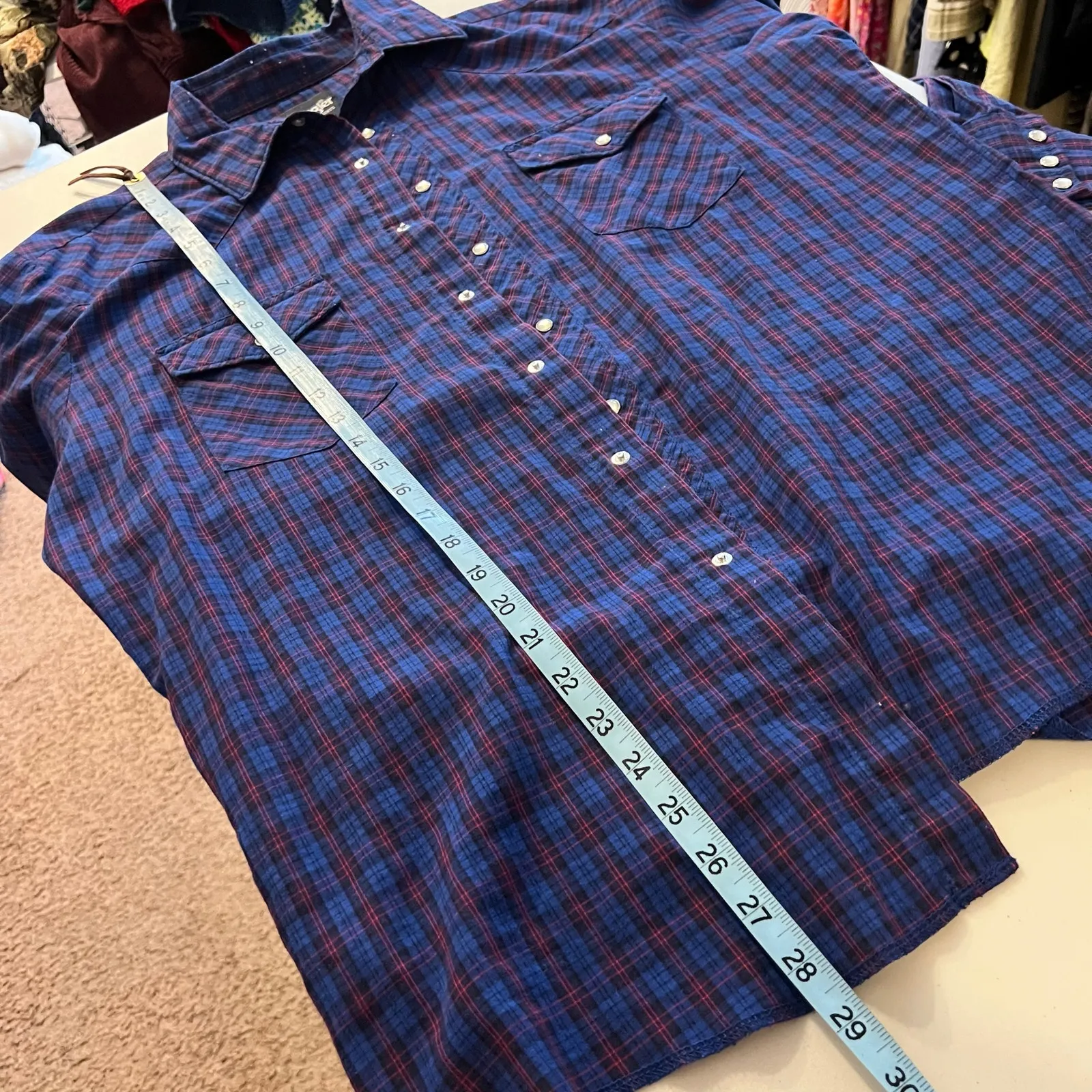 Vintage 90s Wrangler Blue & Red Cotton Plaid Pearl Snap Western Shirt Size XL - Image 10