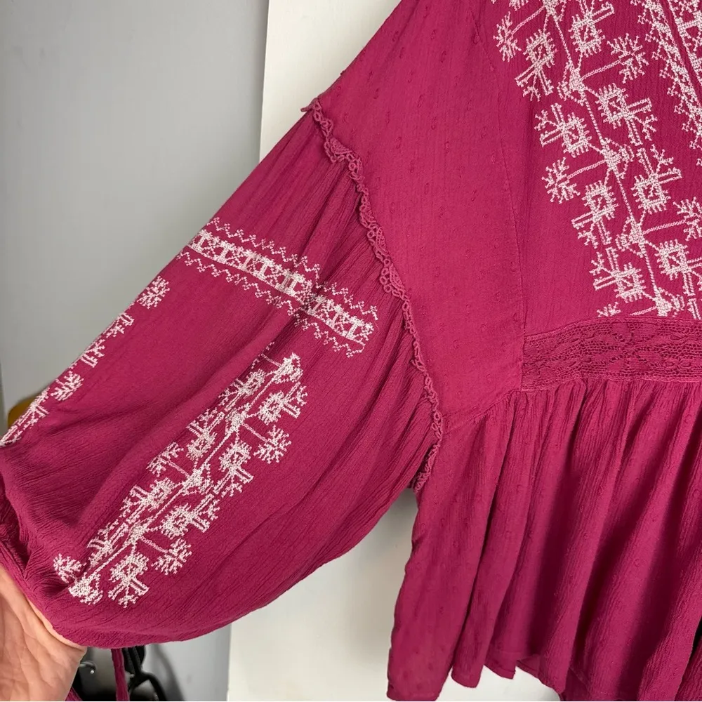 American Eagle Embroidered Boho Top Sz XL Pink Balloon Sleeves - Image 9