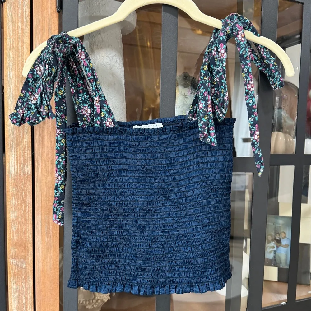 KOCH navy smocked crop top tie straps bows floral cece satin stretchy flowers - Image 2