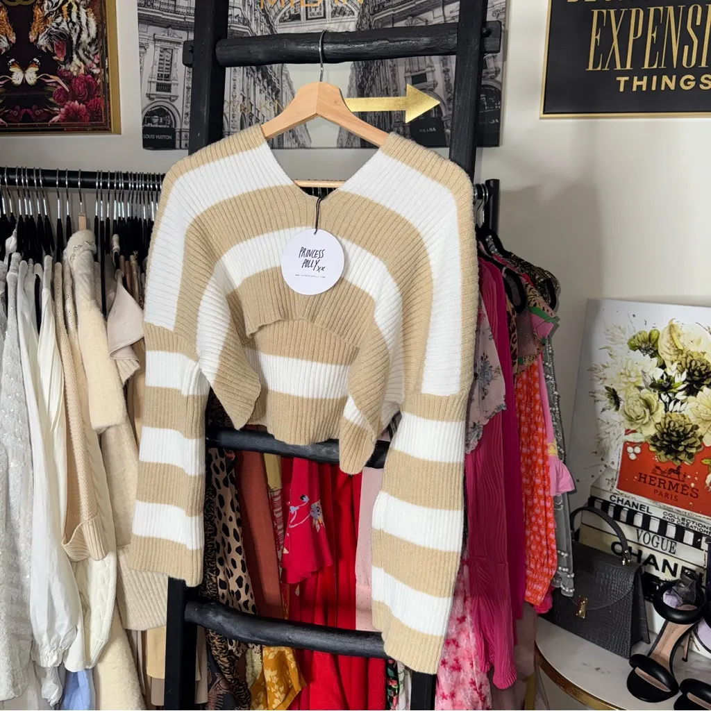Princess Polly Benson Cropped Sweater in Beige White New NWT - Image 5