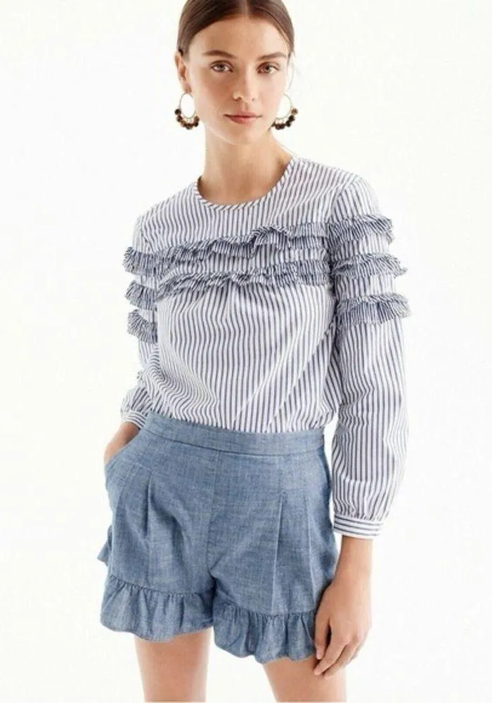 J. Crew Tiered Ruffle Blouse Blue White Stripe 2 Cotton - Image 3