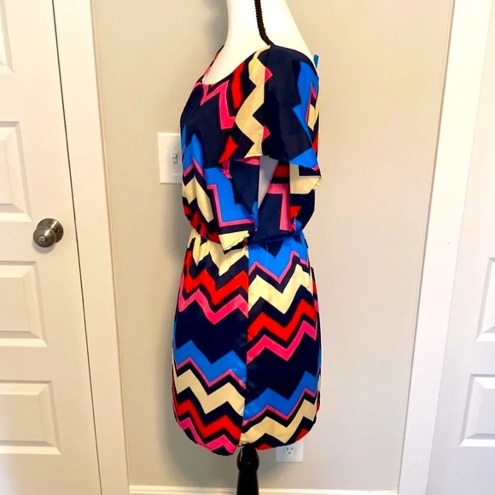 Buttons|| Navy/red/pink/cream/blue chevron lined summer dress with elastic waist - Image 4