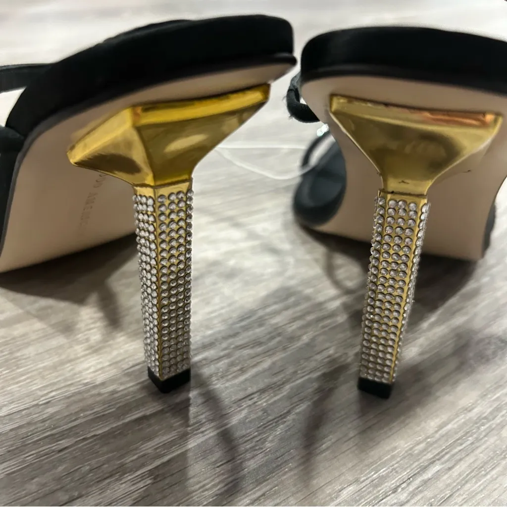 Good American Shine Kickstand  Slide Sandals Black Satin Crystal High Heels - Image 6