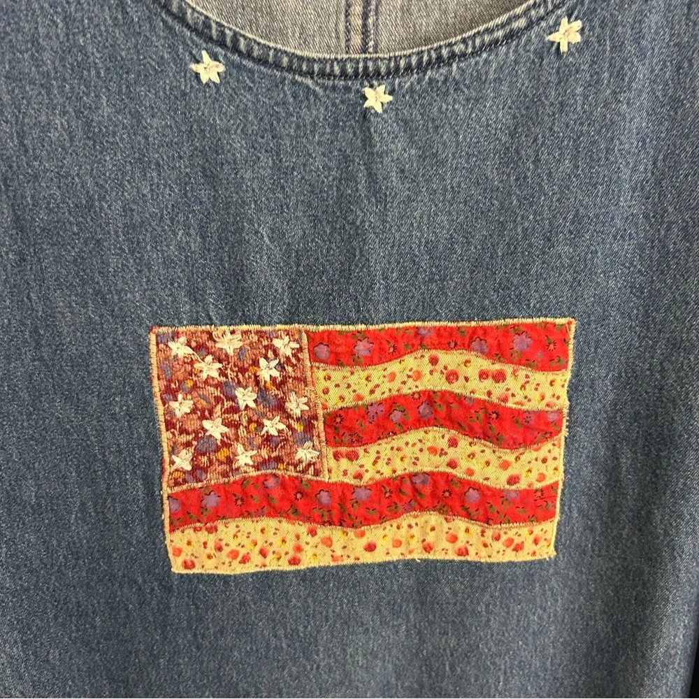 Vintage Stunning denim maxi dress size XL cotton flag embroidery rare boho Blue - Image 11