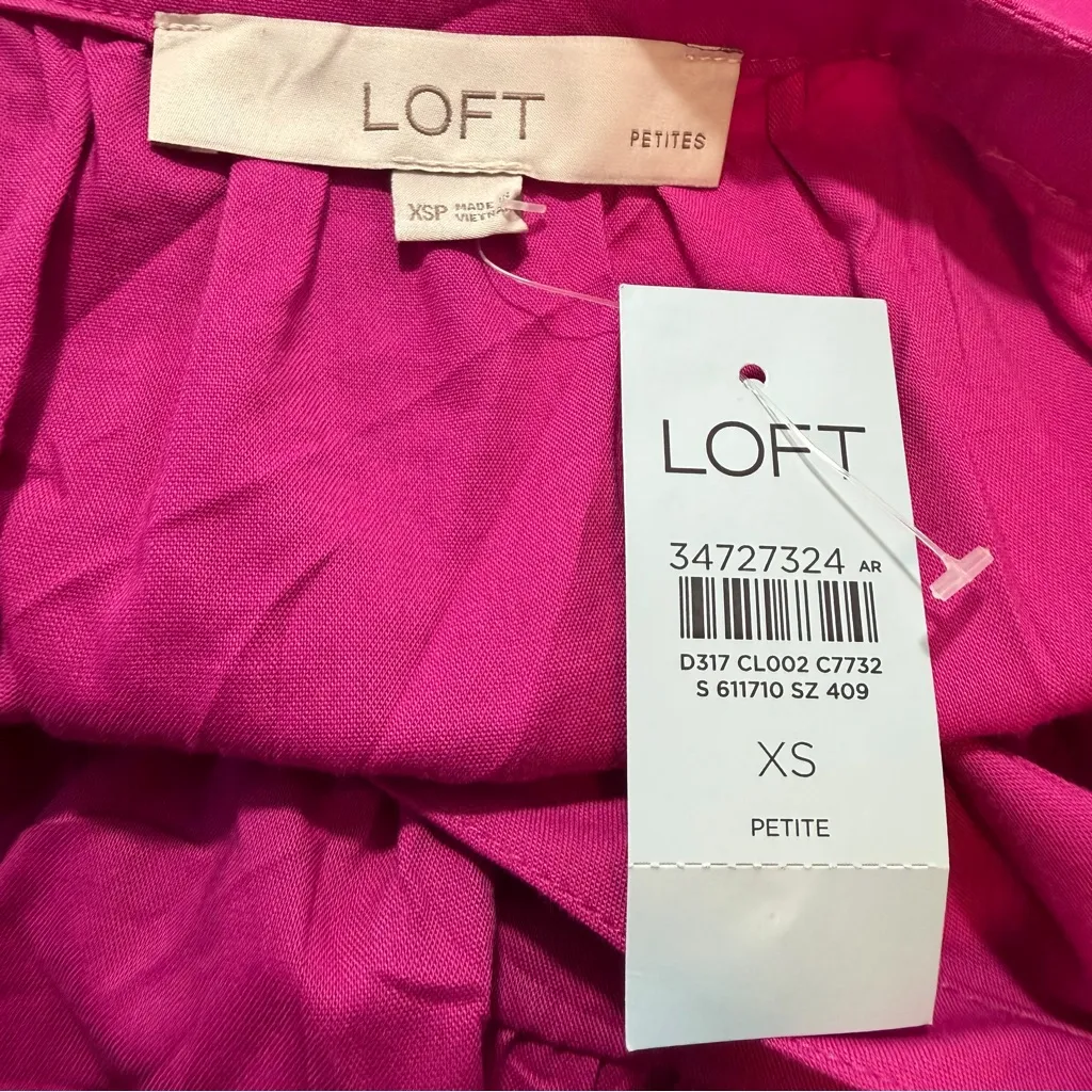 LOFT Midi dress hot vibrant pink short puff sleeves V-neck Open back cutout XSP - Image 8