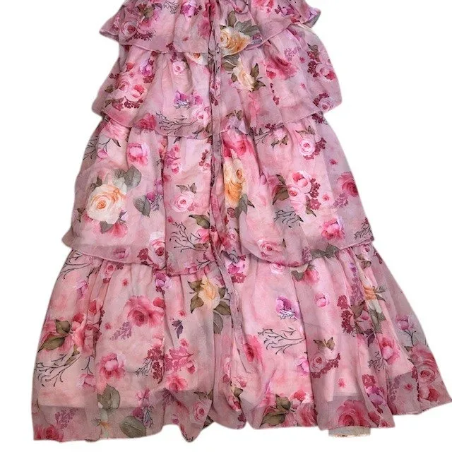Floral Pink Maxi Dress‎ Ruffle Tiered Corset Back Party Wedding Homecoming Prom Size 8 - Image 16