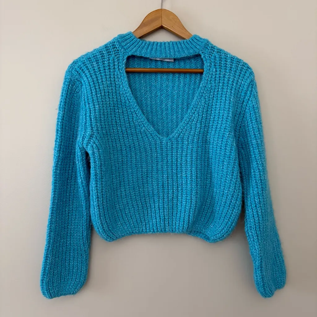 ZARA Blue Choker Sweater Knit Cutout Puff Sleeve Crop Blue Size S - Image 10