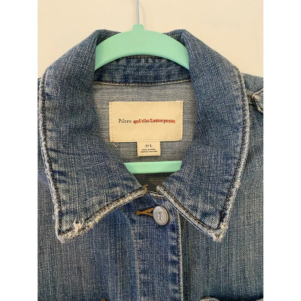 Pilcro and the Letterpress Jean Denim Jacket Blue Green Military L EUC - Image 3