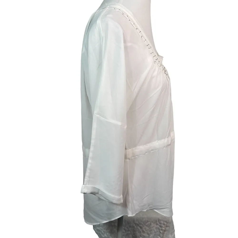 Love Stitch White Sheer Sequin Trim Tunic V Neckline Front Tie NWT S - Image 11