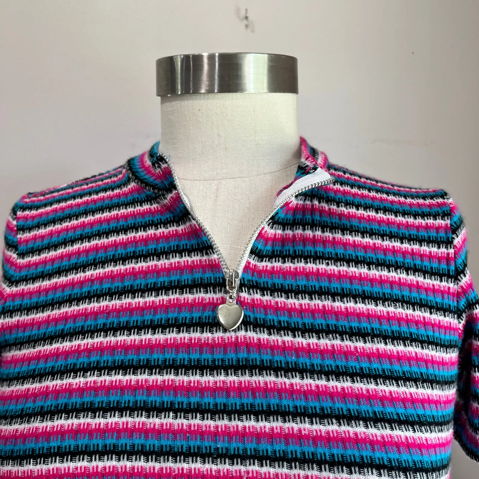Y2K Vintage Striped Ribbed Cropped Half Zip Heart Charm Juniors Size L (12 - Image 7
