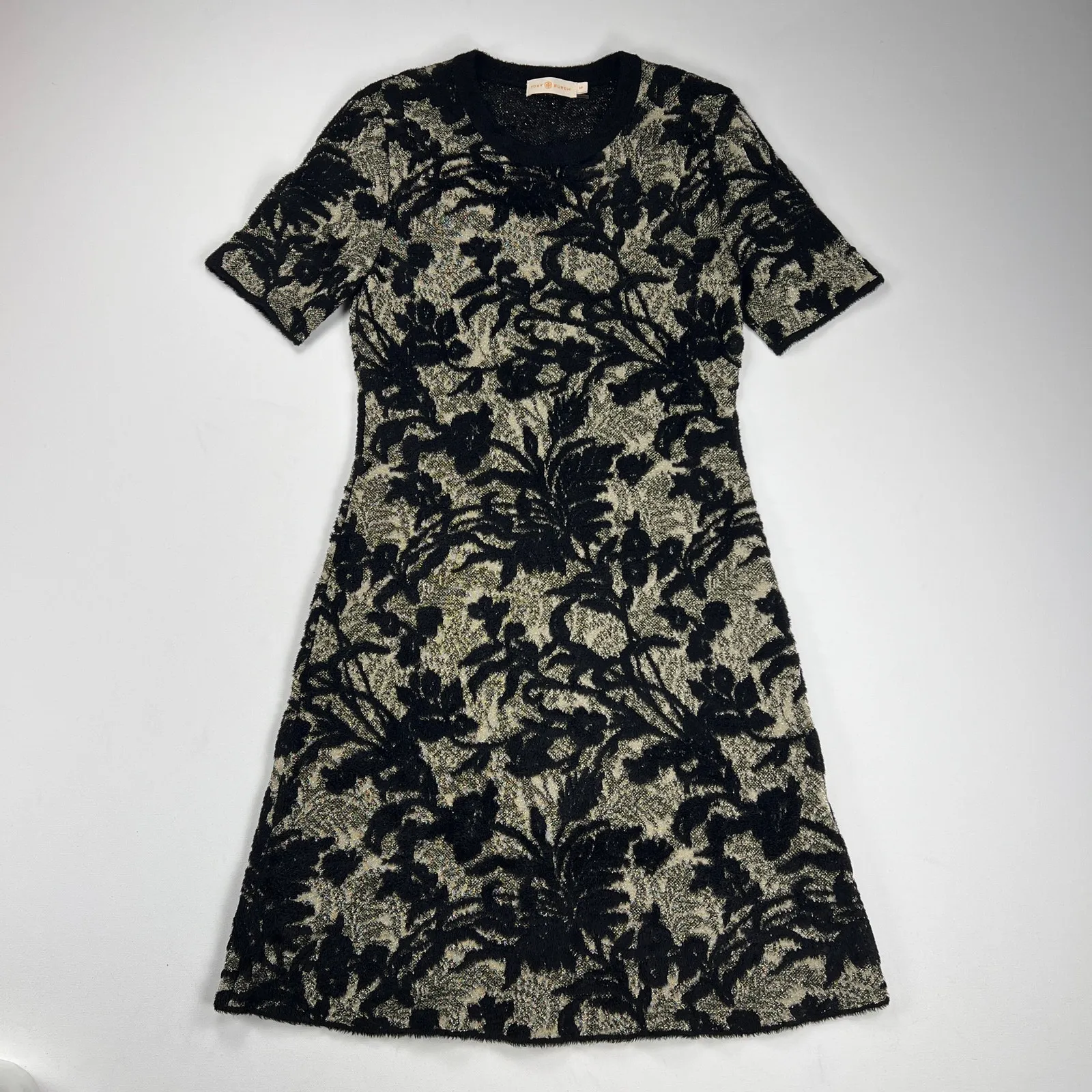 Tory Burch Cloque’ Fit & Flare Sweater Dress Black/Alabaster Metallic Size S - Image 9