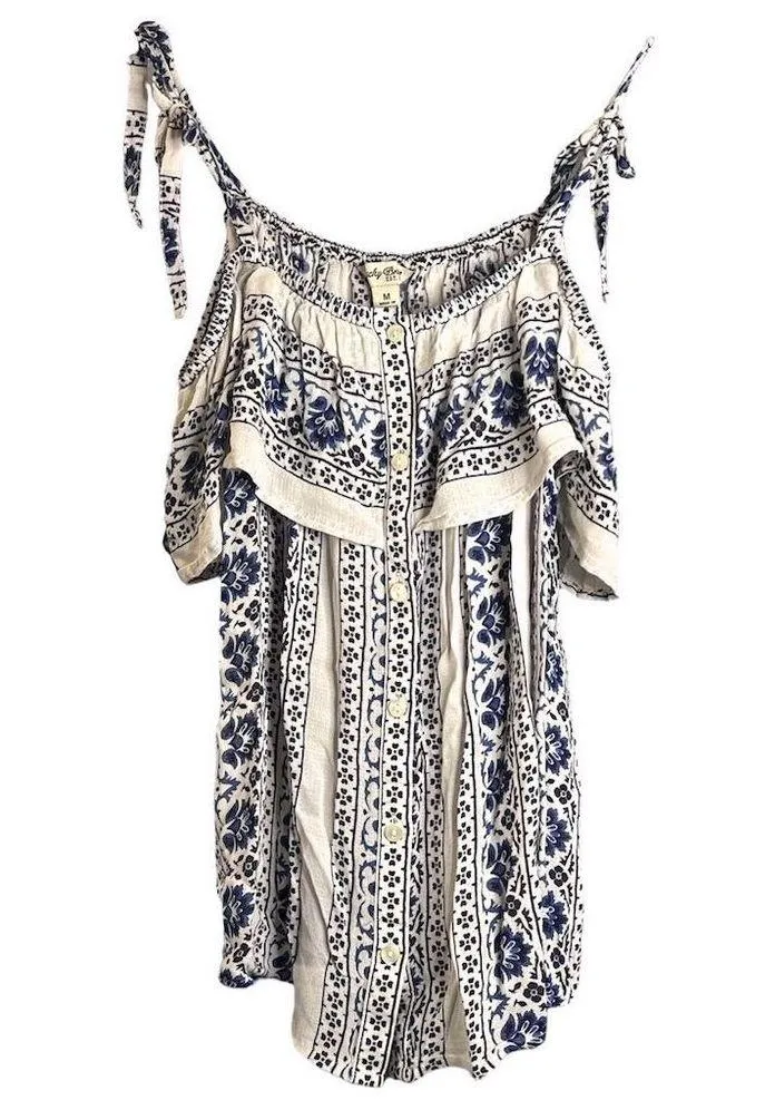 Lucky Brand Women's Blue Floral Off-Shoulder Blouse Medium - Image 8