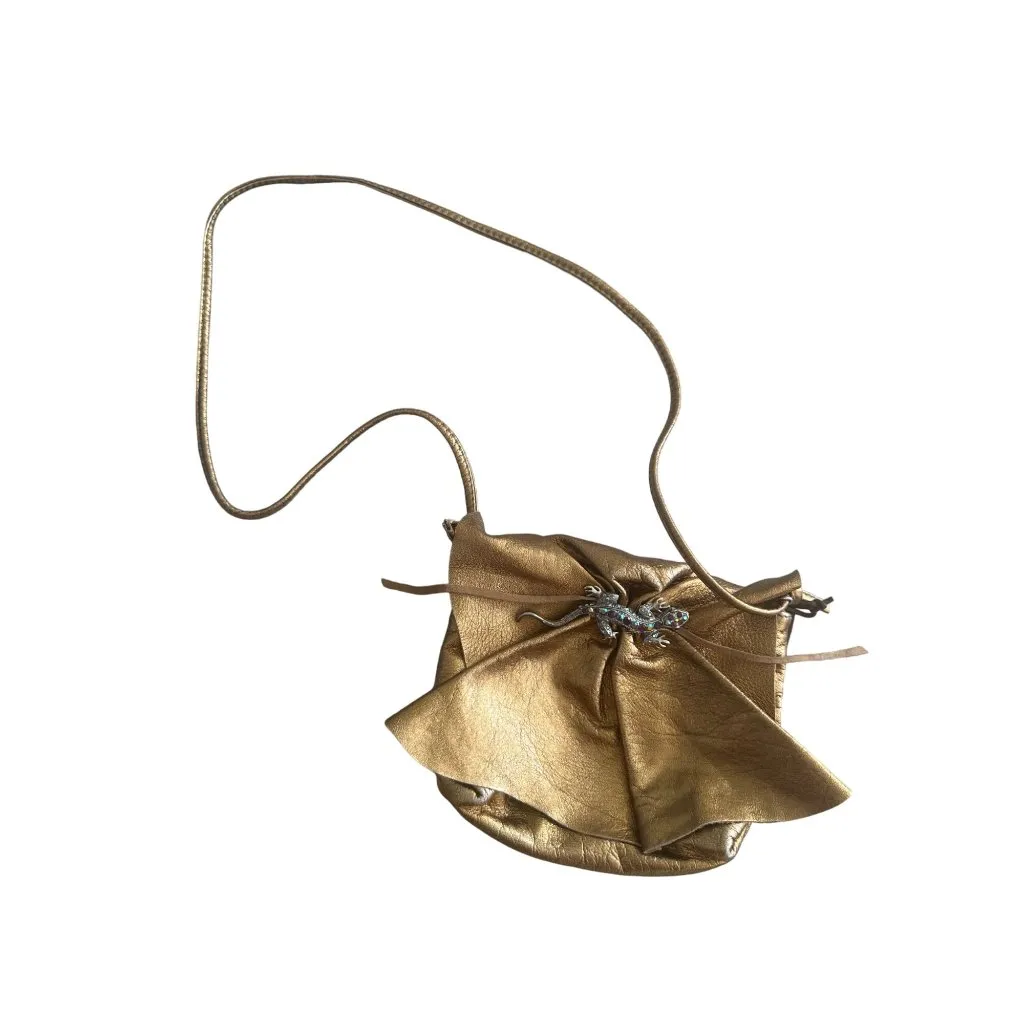 SUSAN FARBER Vintage Autographed Bronze Leather Lizard Embellished Handbag Gold - Image 3