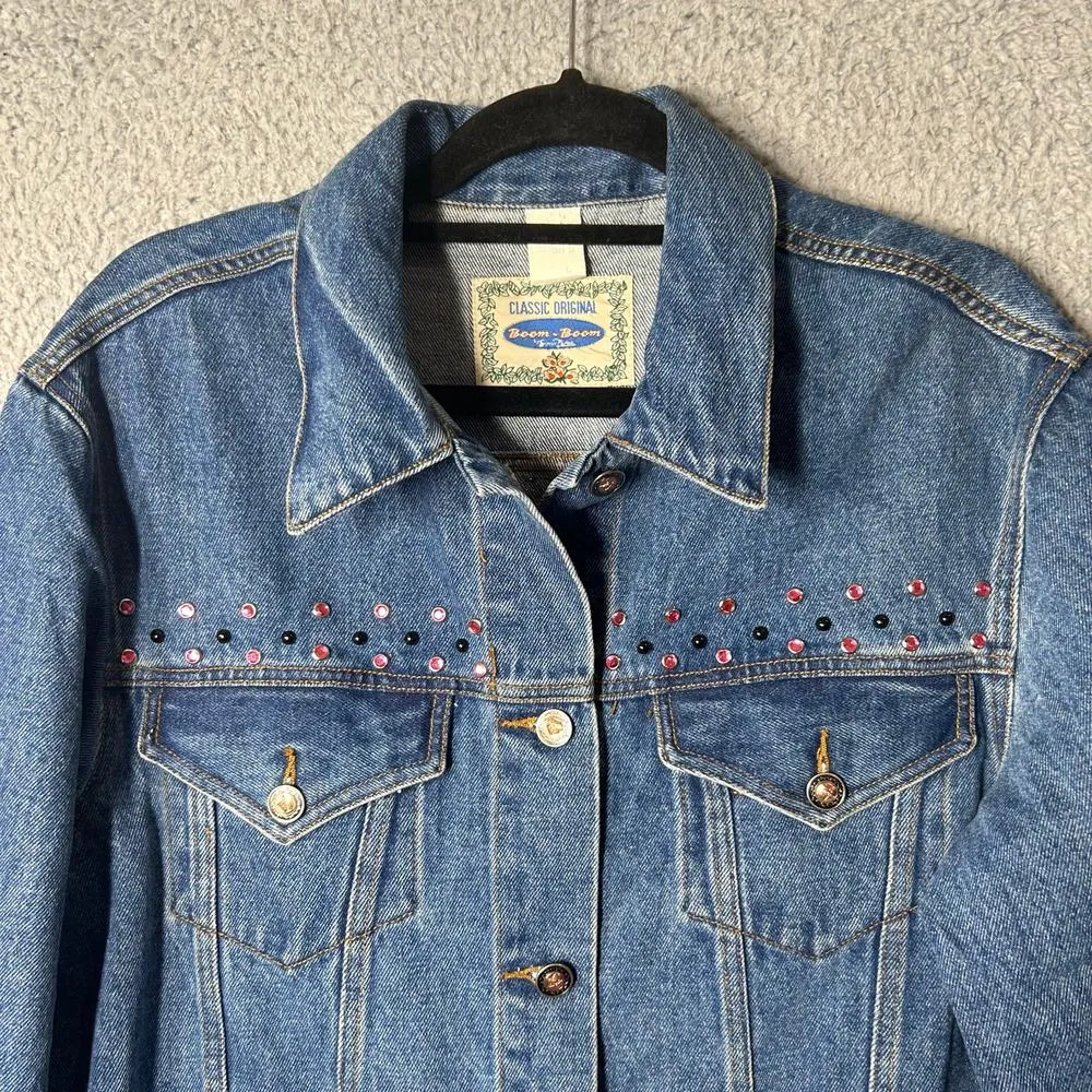 Vintage Boom Boom Denim Jacket Womens L Blue Embellished Made in USA Jean Jacket Size L - Image 5