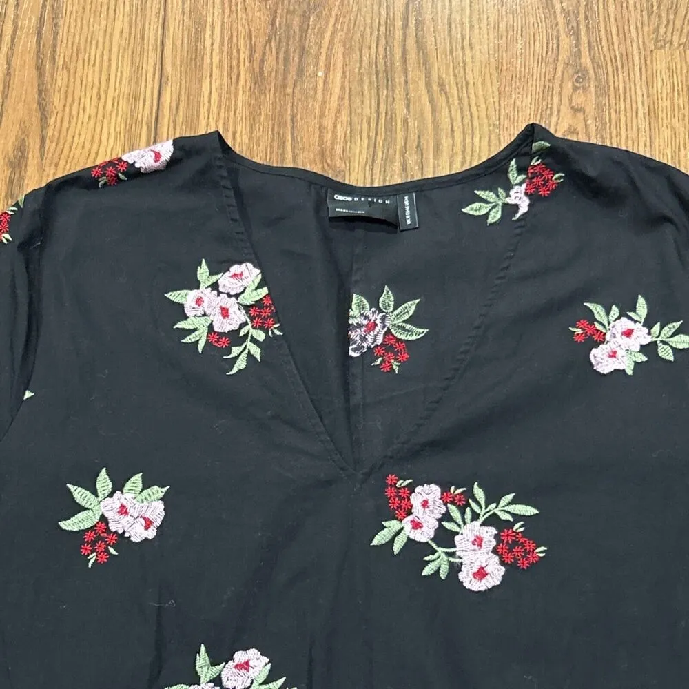Asos Dress Womens 14 Black Floral Embroidered Mini Tunic Pink Red Tiered - Image 3