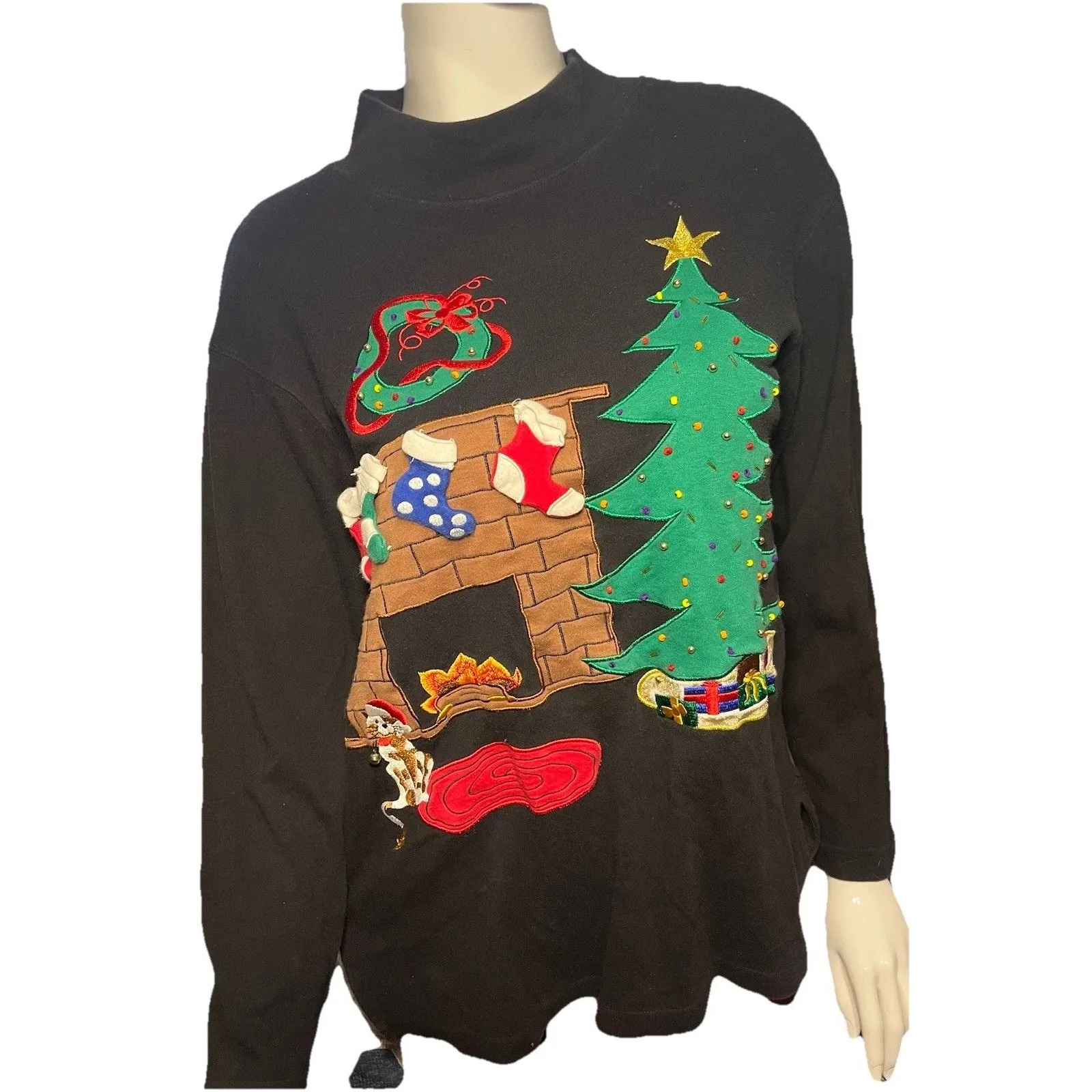 Vintage Bechamel Embroidered 3D Ugly Christmas Sweater Shirt Cat by Fire Size S Black - Image 3
