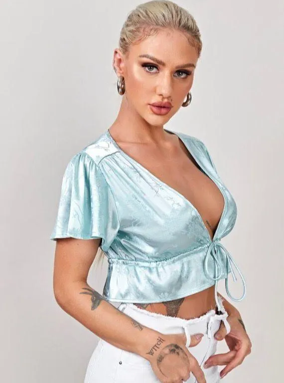 SheIn Chinese Floral Jacquard Front Tie Satin Top - Image 2