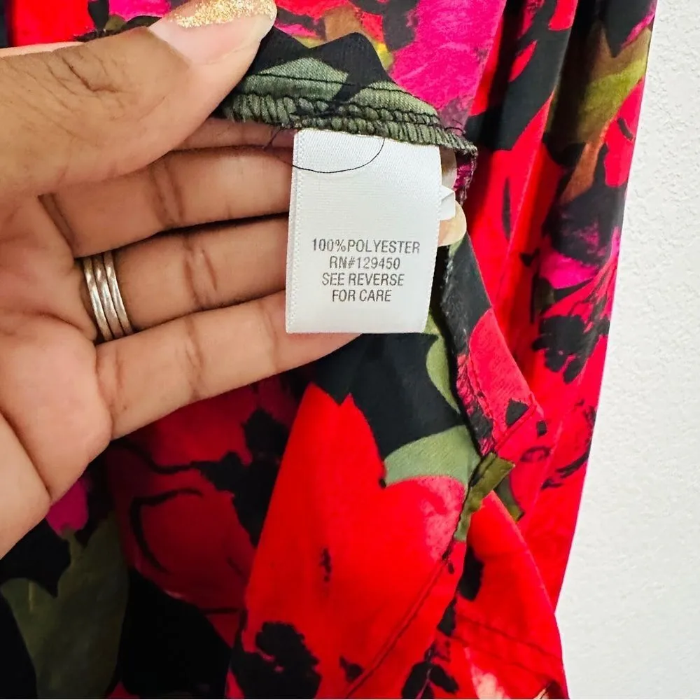 90s Red Black Floral Blouse - Oversized Poppy Print - Dark Winter Floral - M - Image 8