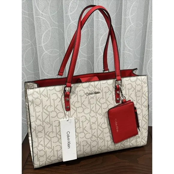 Calvin Klein  Monogram Signature Cream w/Red Satchel Hand-Bag Khaki Logo H7DDJ6YQ - Image 5